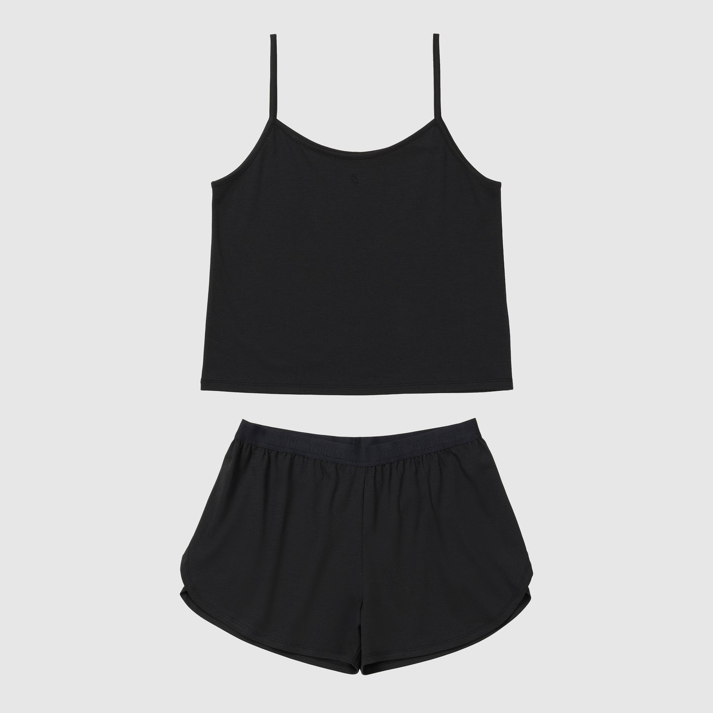 Front of black pajama short and spaghtetti tank