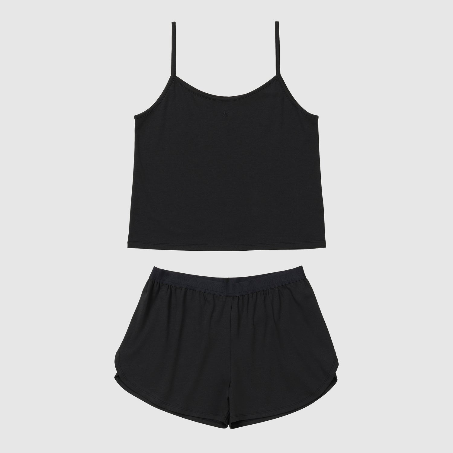 Front of black pajama short and spaghtetti tank