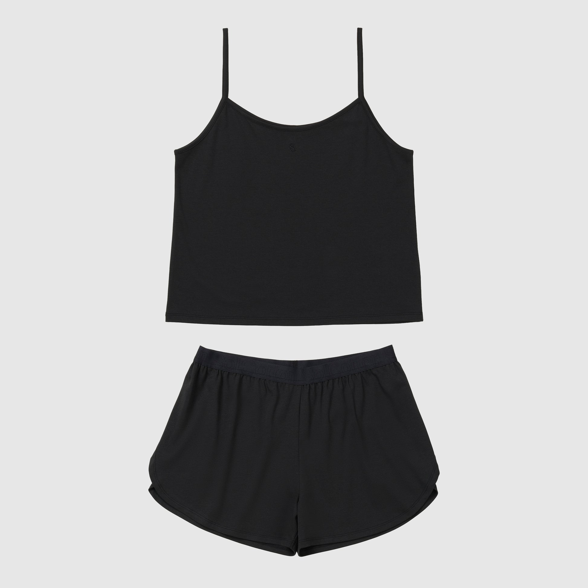 Front of black pajama short and spaghtetti tank