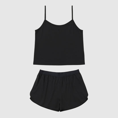Front of black pajama short and spaghtetti tank