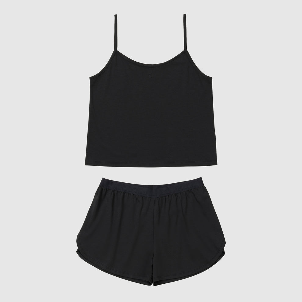 Front of black pajama short and spaghtetti tank