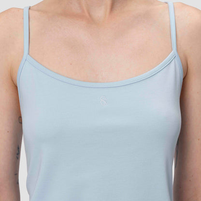 Close up of spaghetti pajama top in light blue 