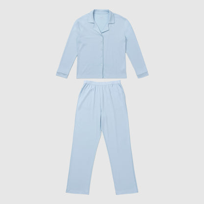 Light blue pajama set on a light gray background