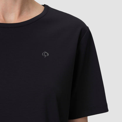 Close up of black pajama tee with silver logo