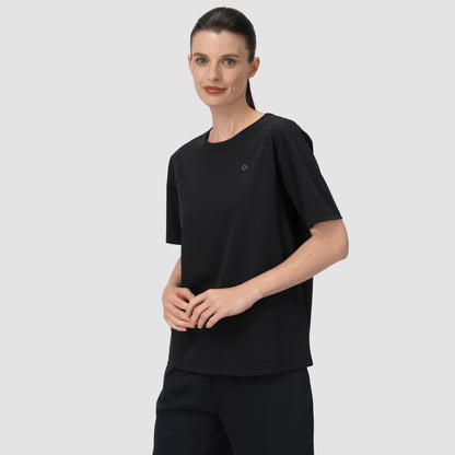 Closer shot of model wearing black short pajama matching set