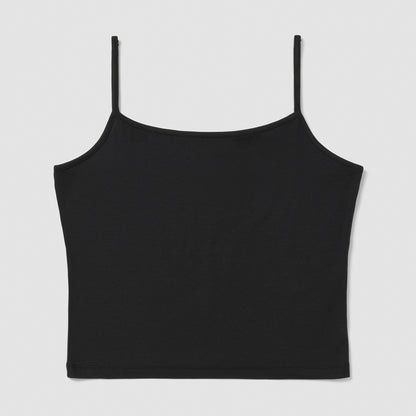 Black spaghetti strap top on a light gray background