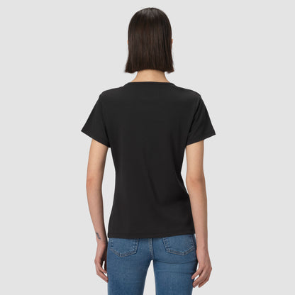 Person wearing a black t-shirt and blue jeans on a light gray background